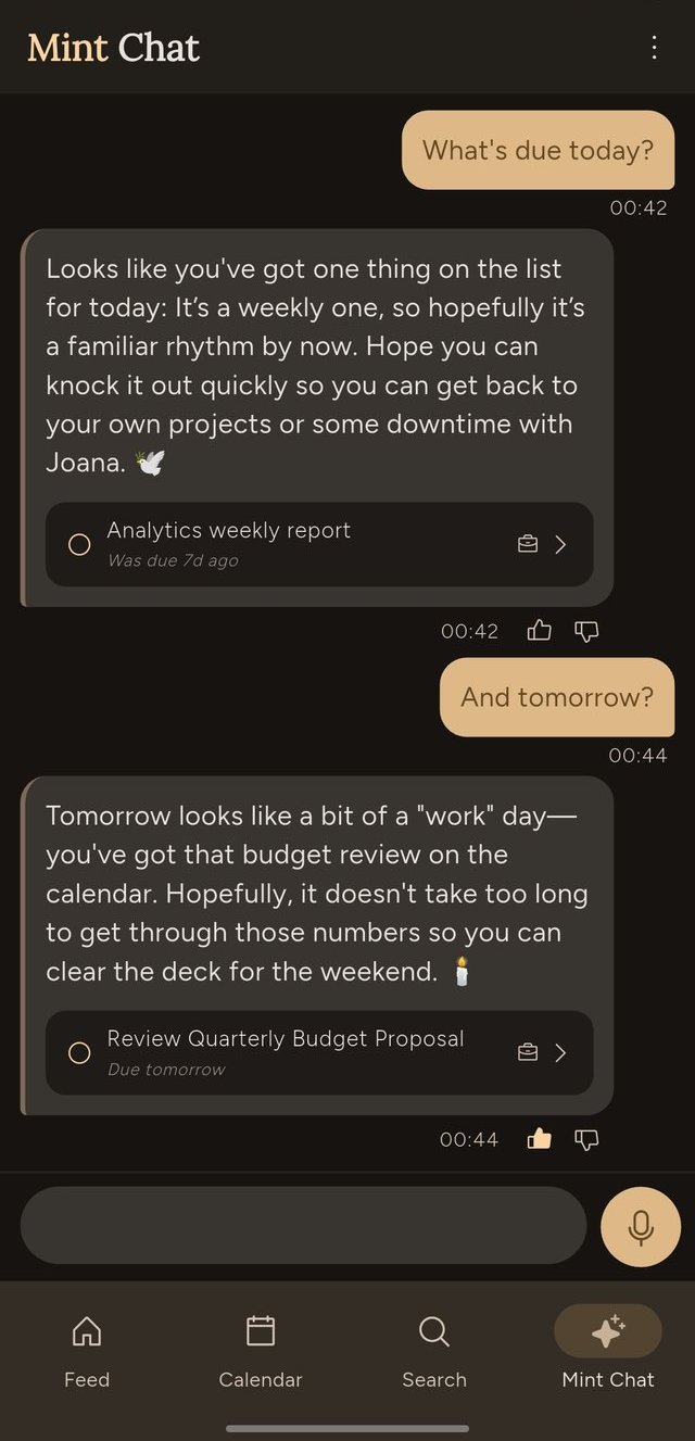Mint Chat conversation asking about tasks due today and tomorrow