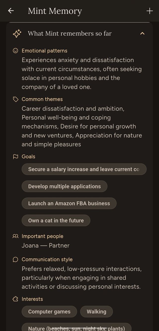 Mint Memory showing learned goals, themes and people