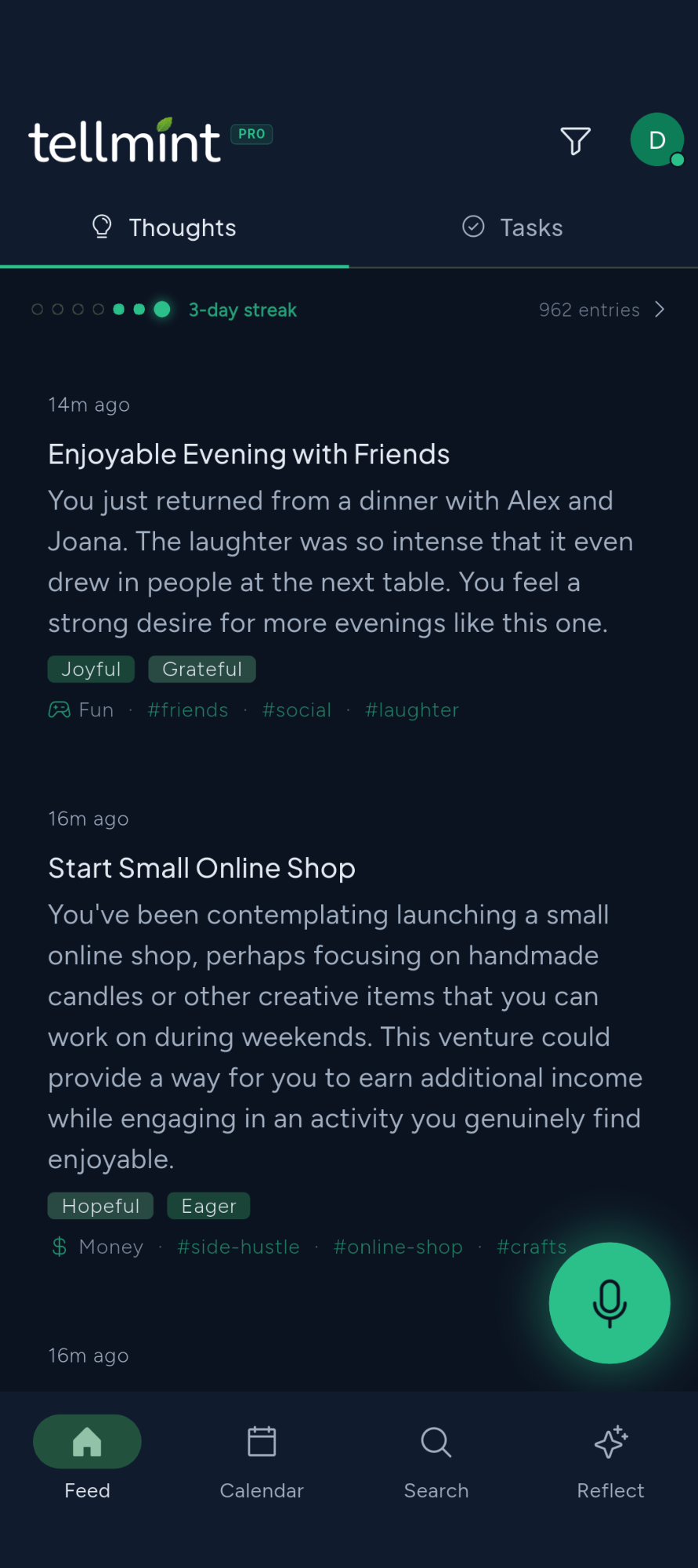 Tellmint feed with organized thoughts
