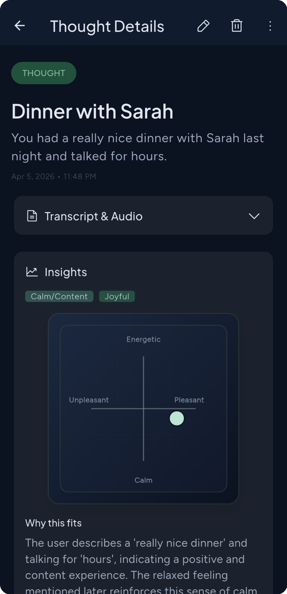 Thought details with emotion insights and valence chart