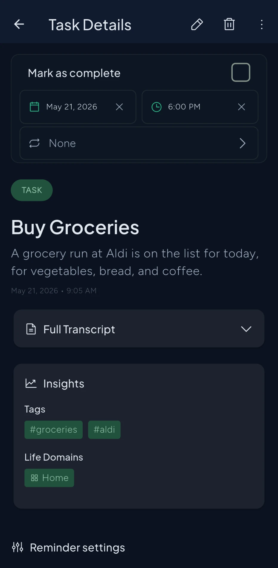 Task detail with due date, time, reminder and tags