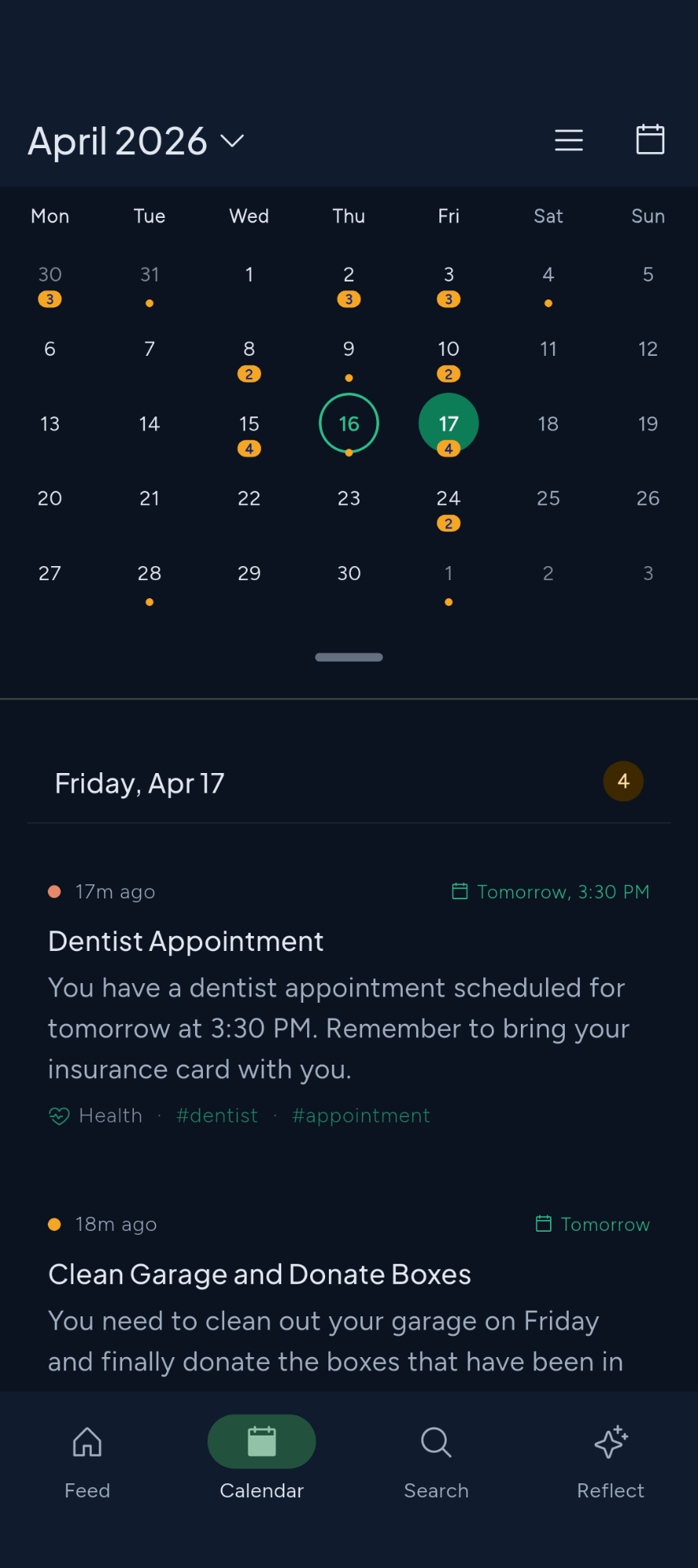 Calendar view with tasks and reminders
