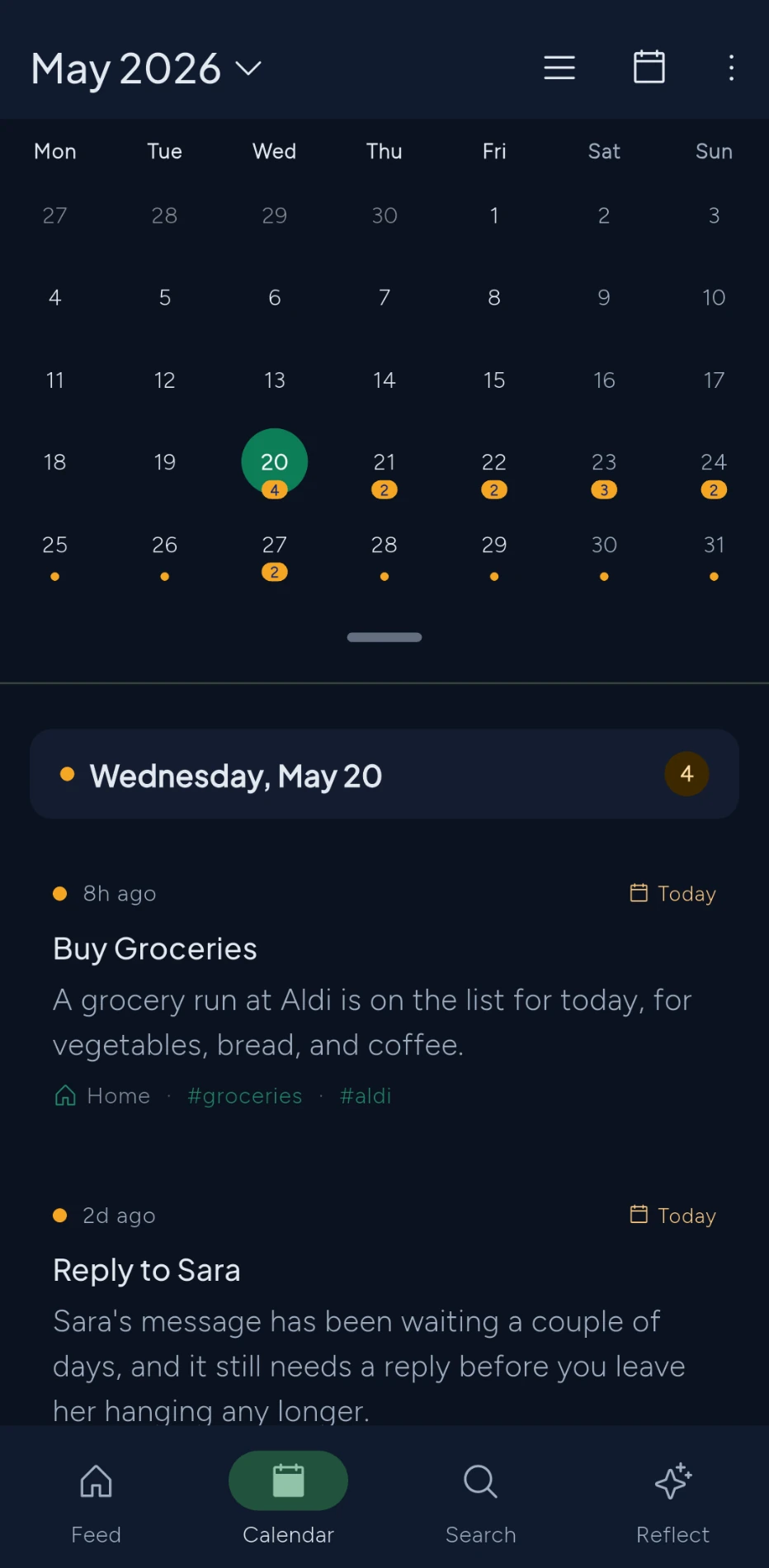 Calendar month view with tasks and reminders, and the day's agenda below