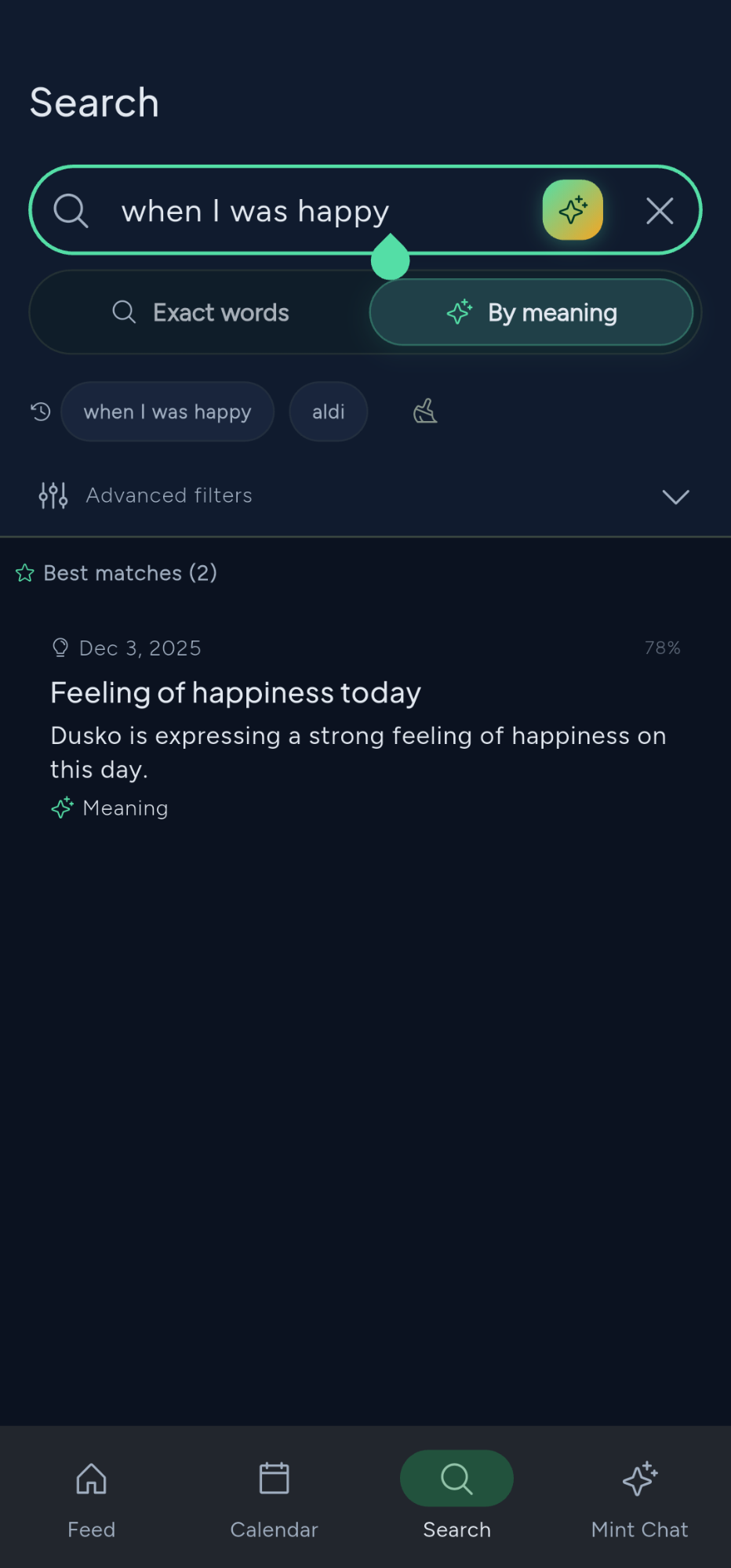 Semantic search finding entries by meaning