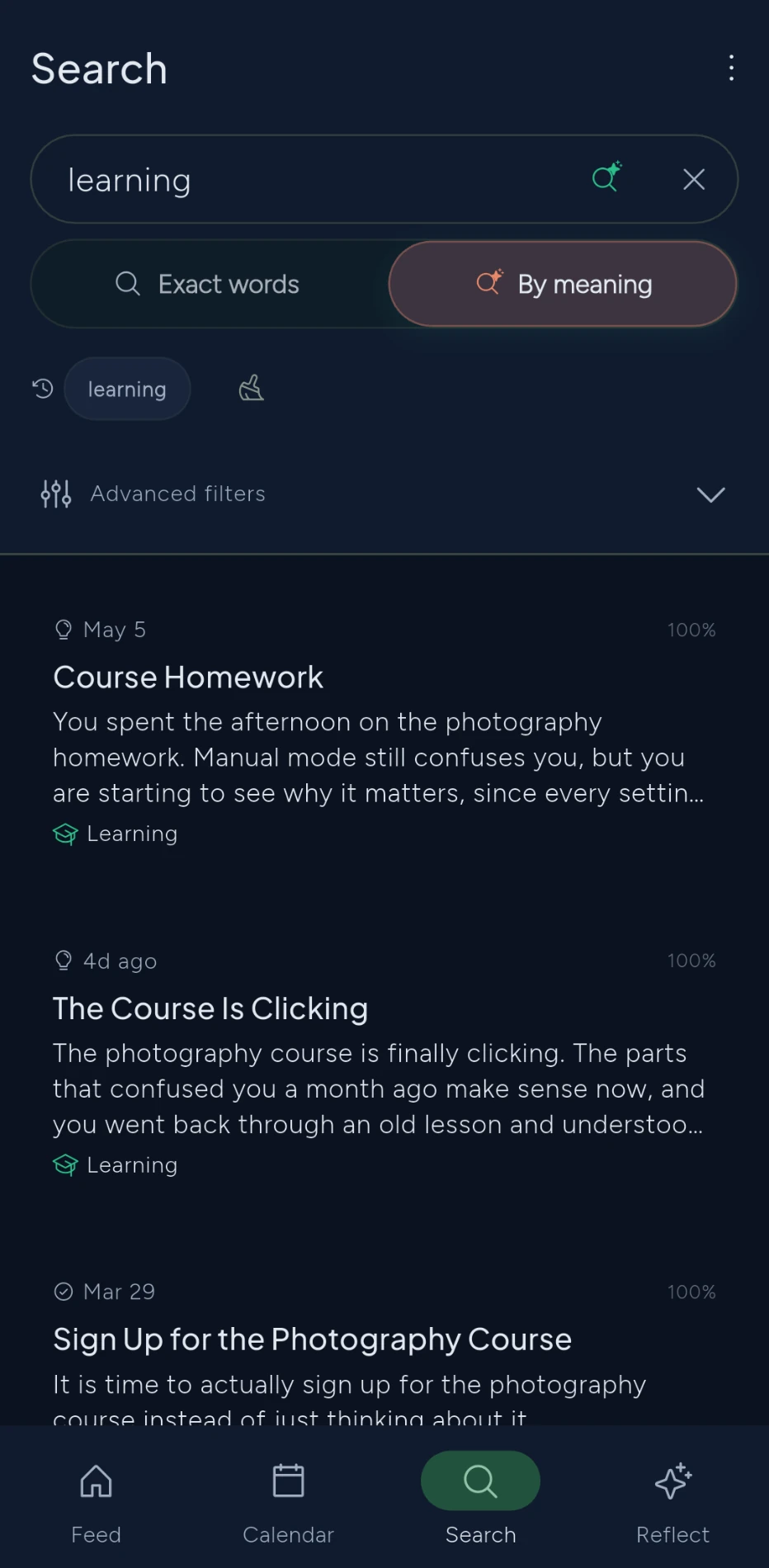 Search by meaning: "learning" surfaces course entries at 100% match