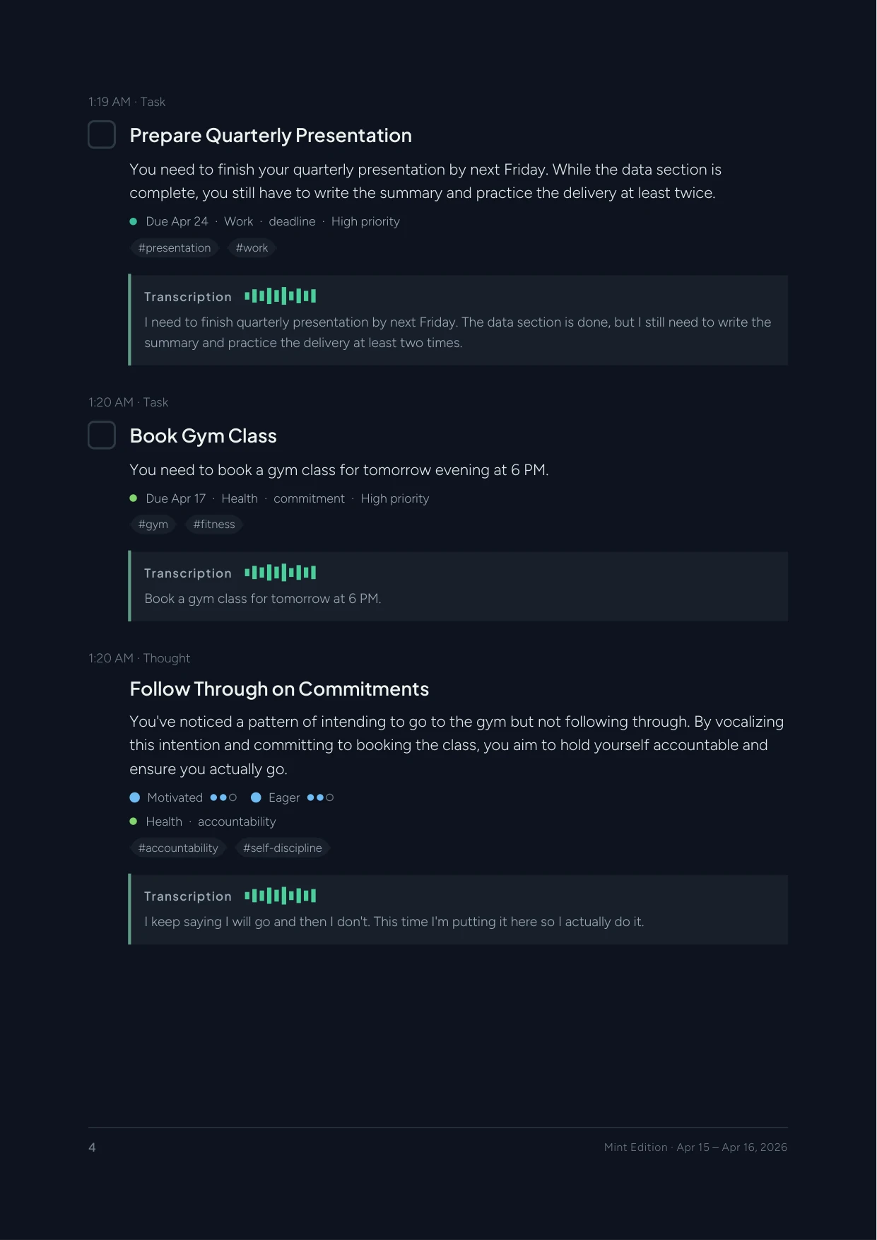 Mint Edition entry with voice transcription